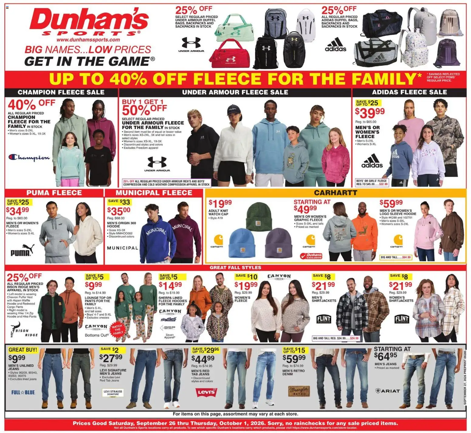 Dunham's Sports Weekly Ad - page 1- valid from 09/26/2026