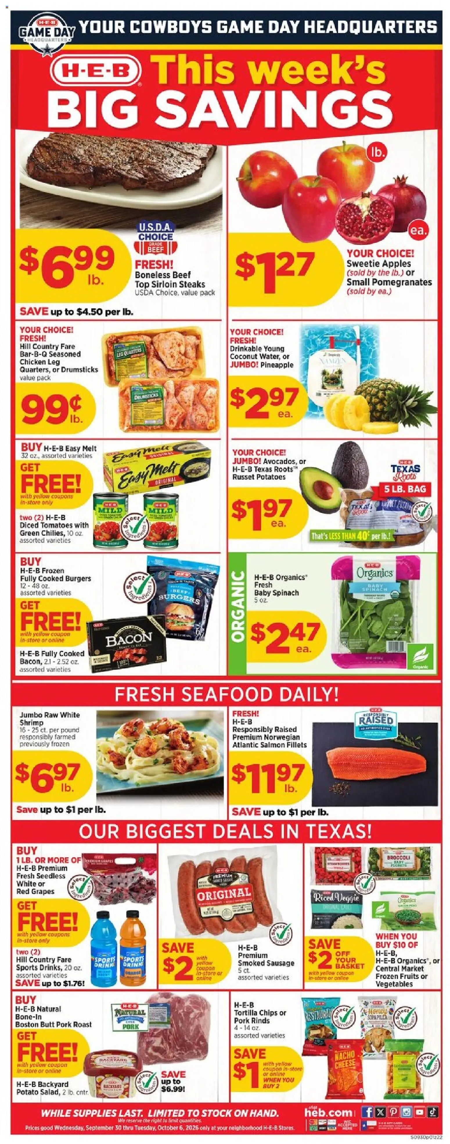 H-E-B Weekly Ad - page 1- valid from 09/30/2026