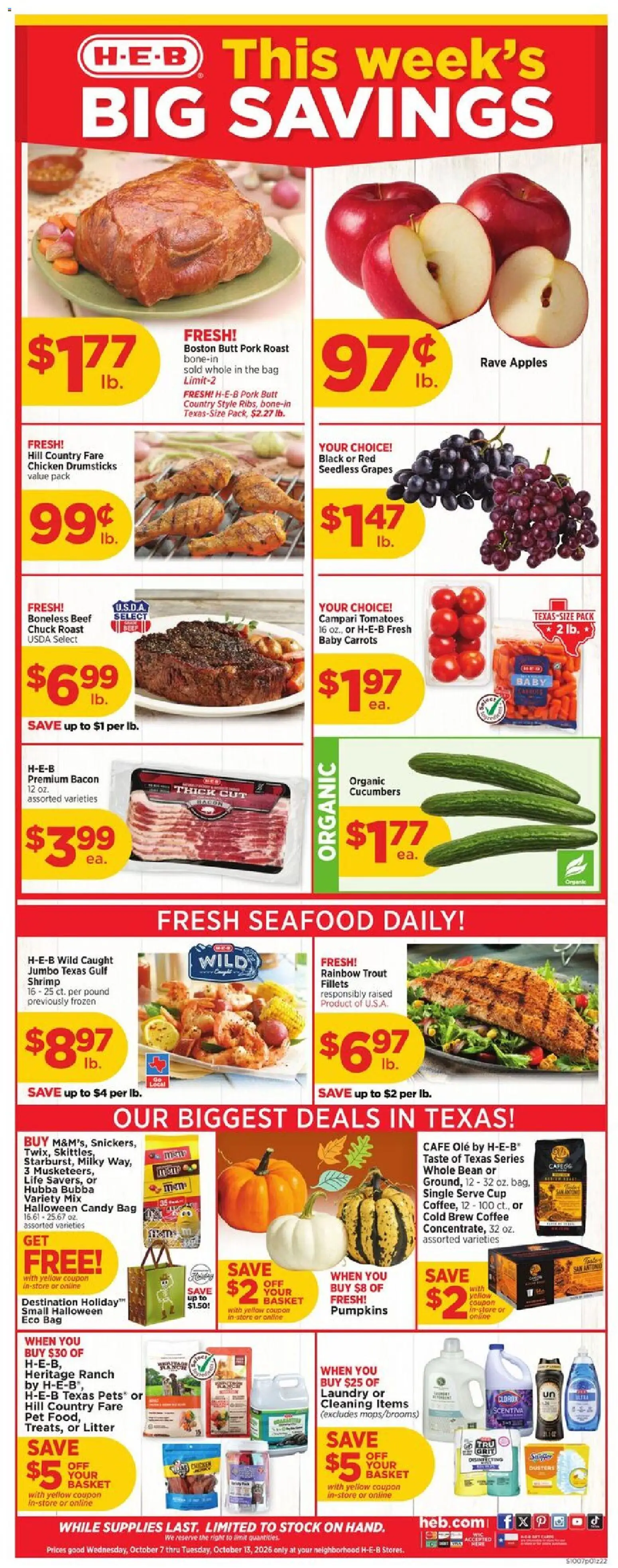 H-E-B Weekly Ad - page 1- valid from 10/07/2026