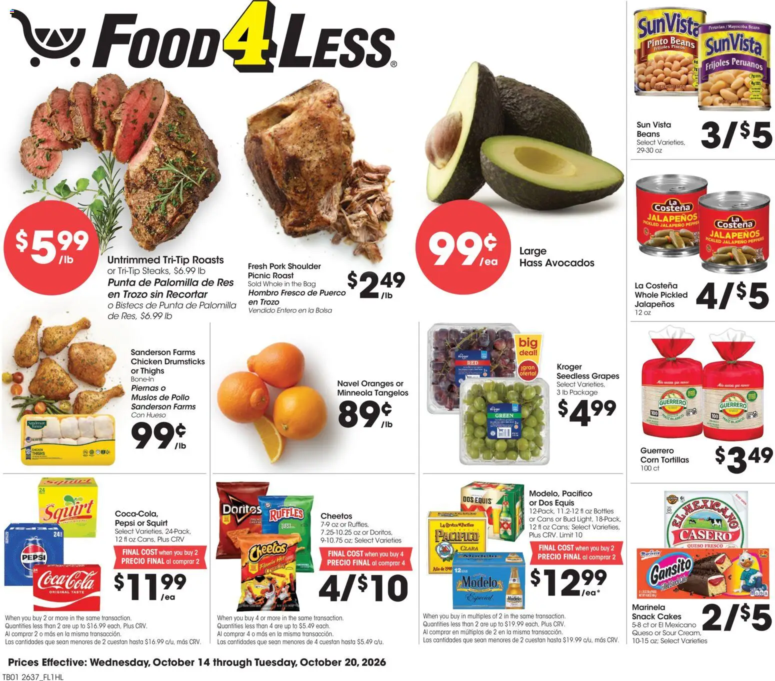 Food 4 Less Weekly Ad - page 1- valid from 10/14/2026